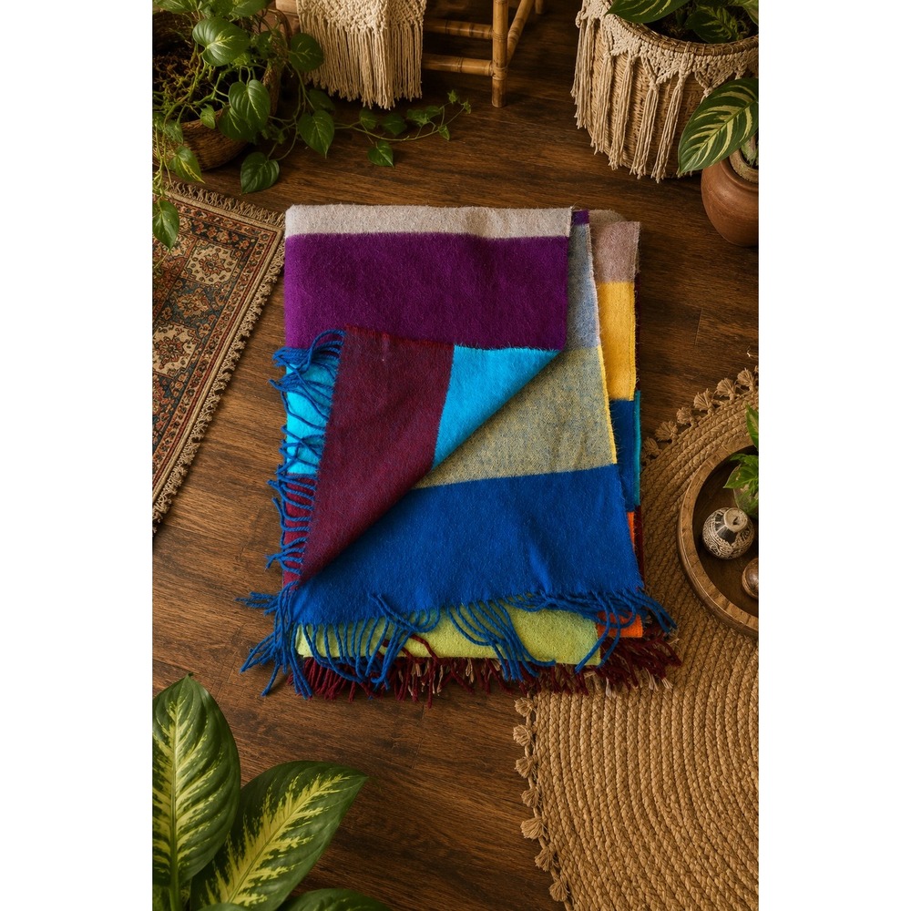 Vintage FRAAS Color Block Striped Throw Blanket Made in Germany 62x48 Fringe